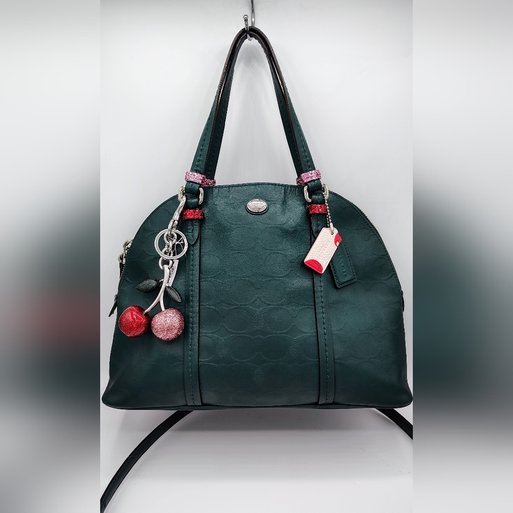 Coach Peyton Upcycled Green Embossed Leather Cora Dome Satchel w/ Cherry Charm